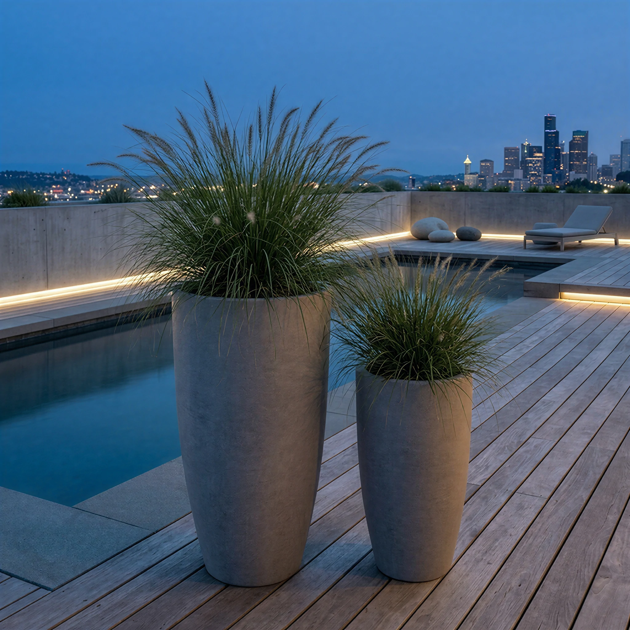RC-1009 tall tapered GFRC planters arranged beside a rooftop pool at dusk